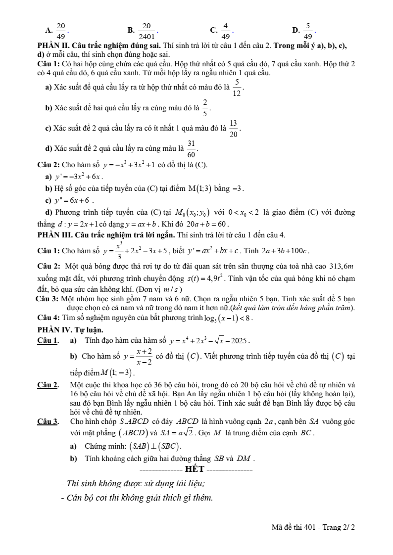Đề thi Học kì 2 Toán 11 trường THPT Nguyễn Bỉnh Khiêm (Đắk Lắk) năm 2024-2025