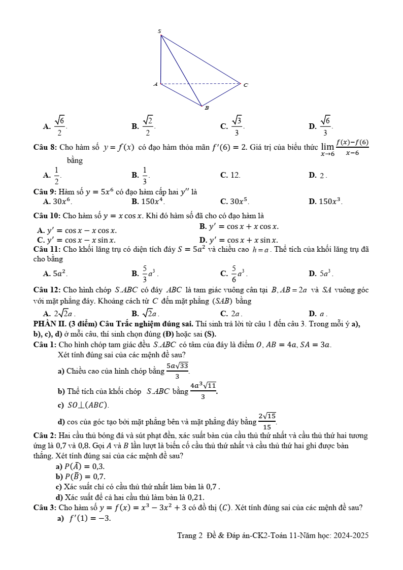 Đề thi Học kì 2 Toán 11 trường THPT Ngô Gia Tự (Phú Yên) năm 2024-2025