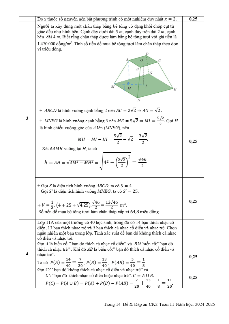 Đề thi Học kì 2 Toán 11 trường THPT Ngô Gia Tự (Phú Yên) năm 2024-2025