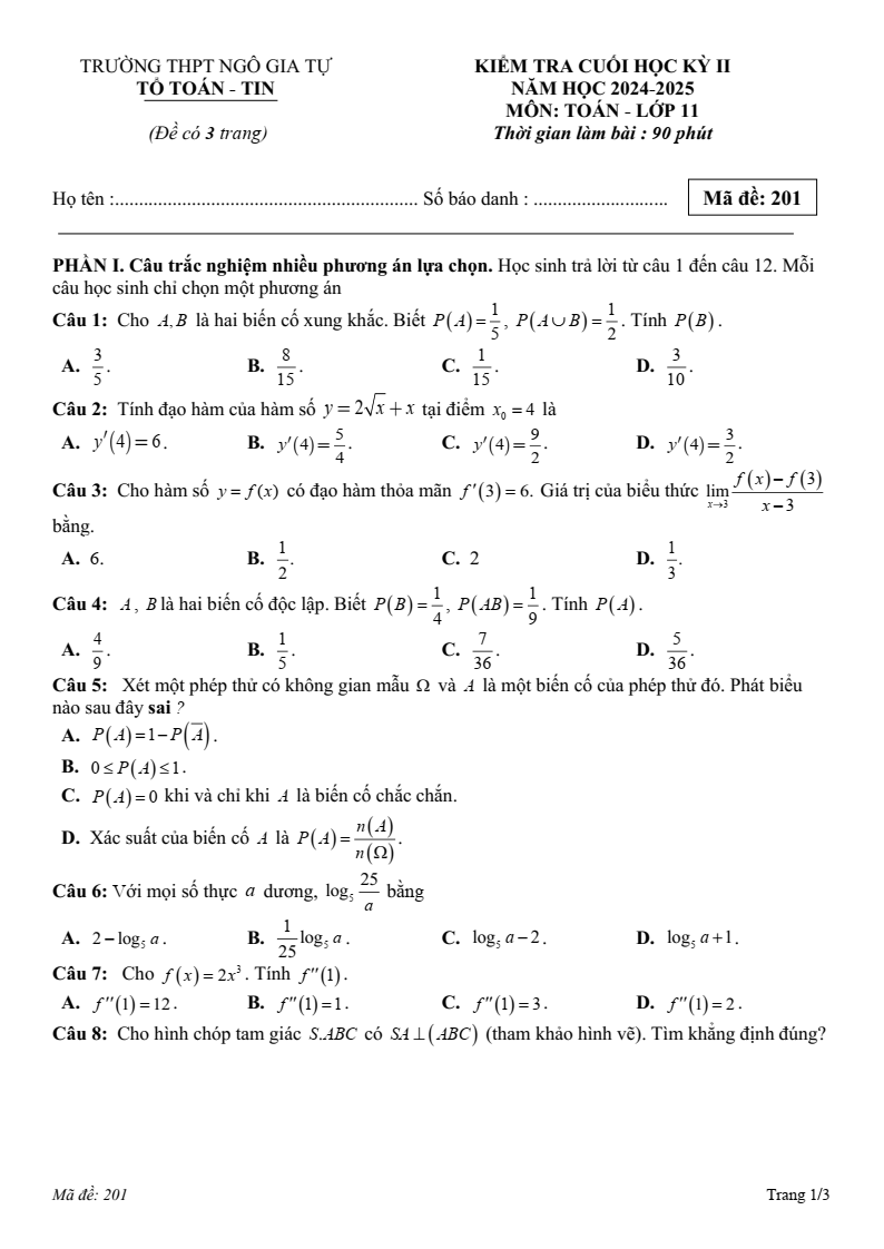 Đề thi Học kì 2 Toán 11 trường THPT Ngô Gia Tự (Đắk Lắk) năm 2024-2025