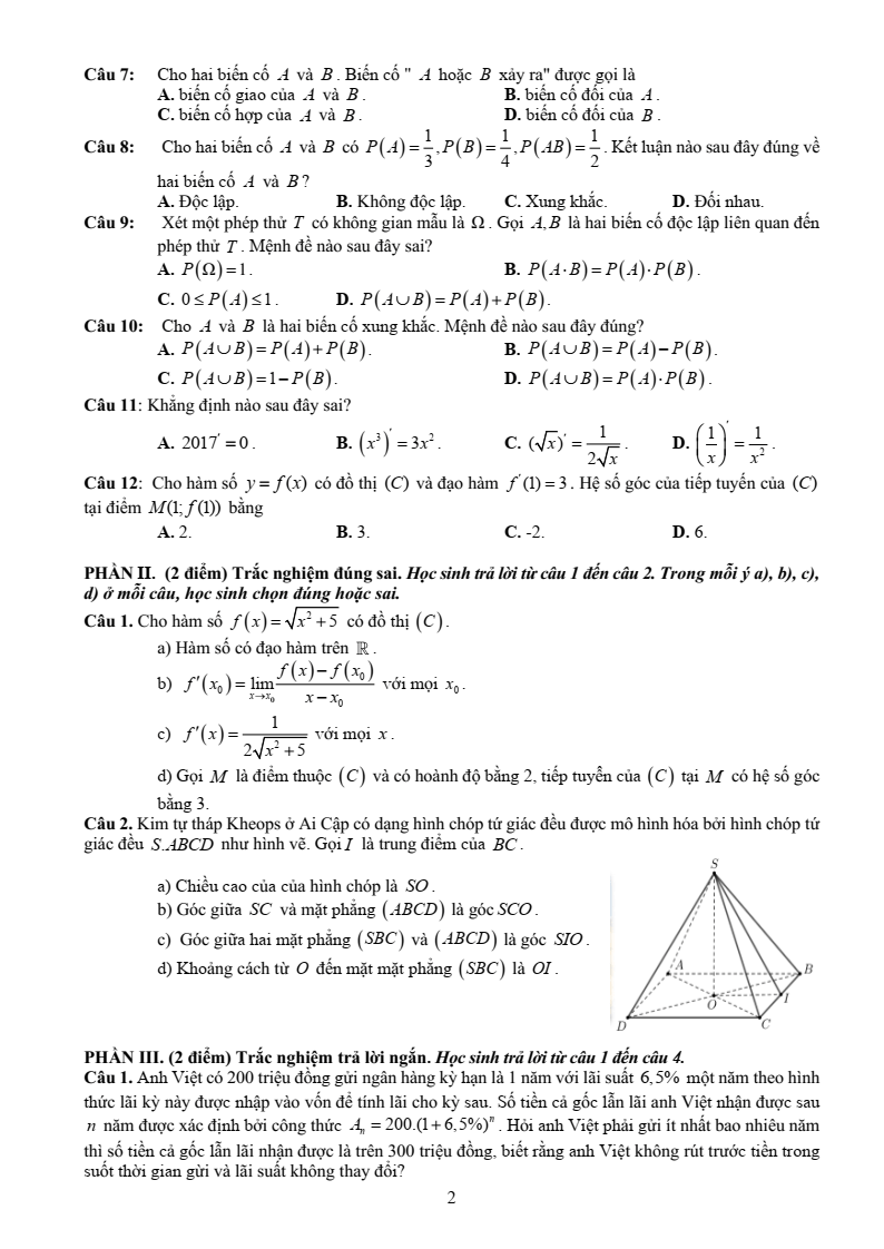 Đề thi Học kì 2 Toán 11 trường THPT Ngô Quyền (Đà Nẵng) năm 2024-2025