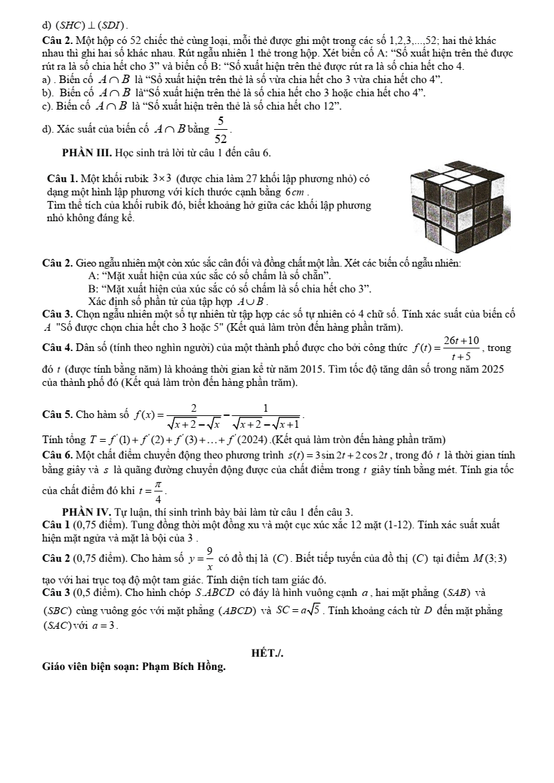 Đề thi Học kì 2 Toán 11 trường THPT Nguyễn Trãi (Đà Nẵng) năm 2024-2025