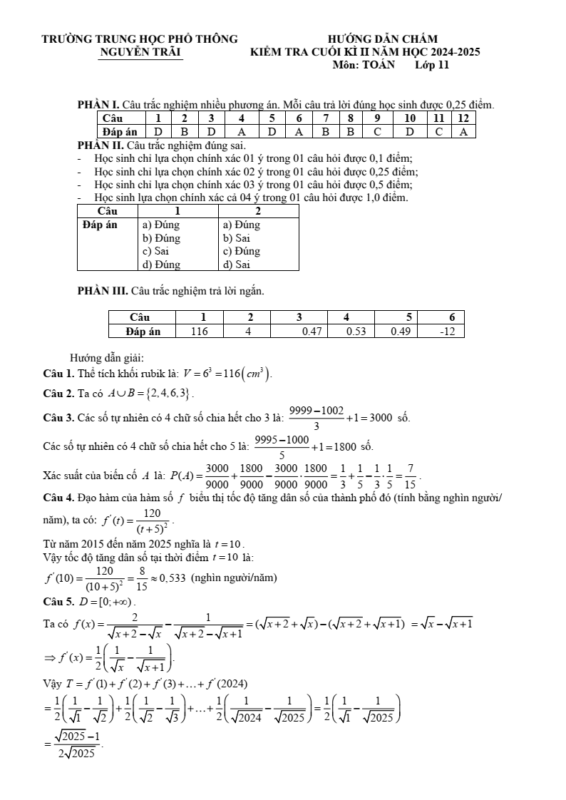 Đề thi Học kì 2 Toán 11 trường THPT Nguyễn Trãi (Đà Nẵng) năm 2024-2025