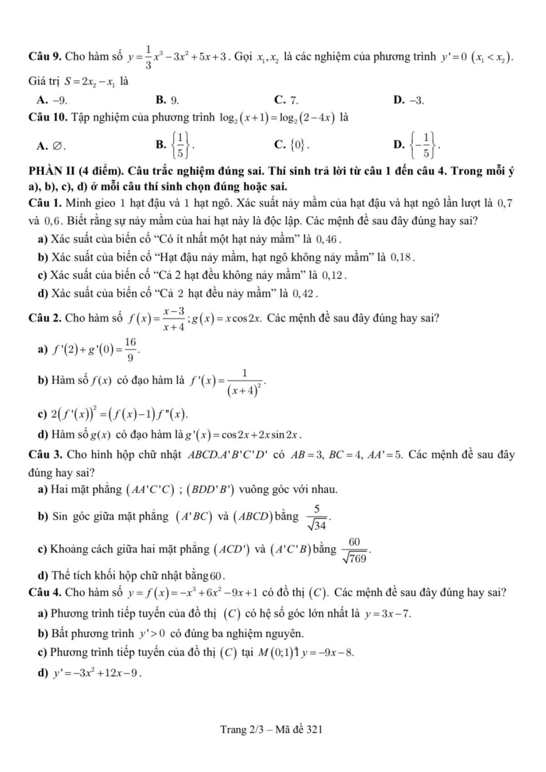 Đề thi Học kì 2 Toán 11 trường THPT Nguyễn Tất Thành (Tp.HCM) năm 2024-2025