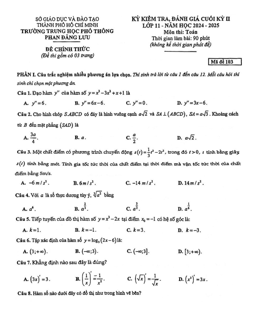 Đề thi Học kì 2 Toán 11 trường THPT Phan Đăng Lưu (Tp.HCM) năm 2024-2025