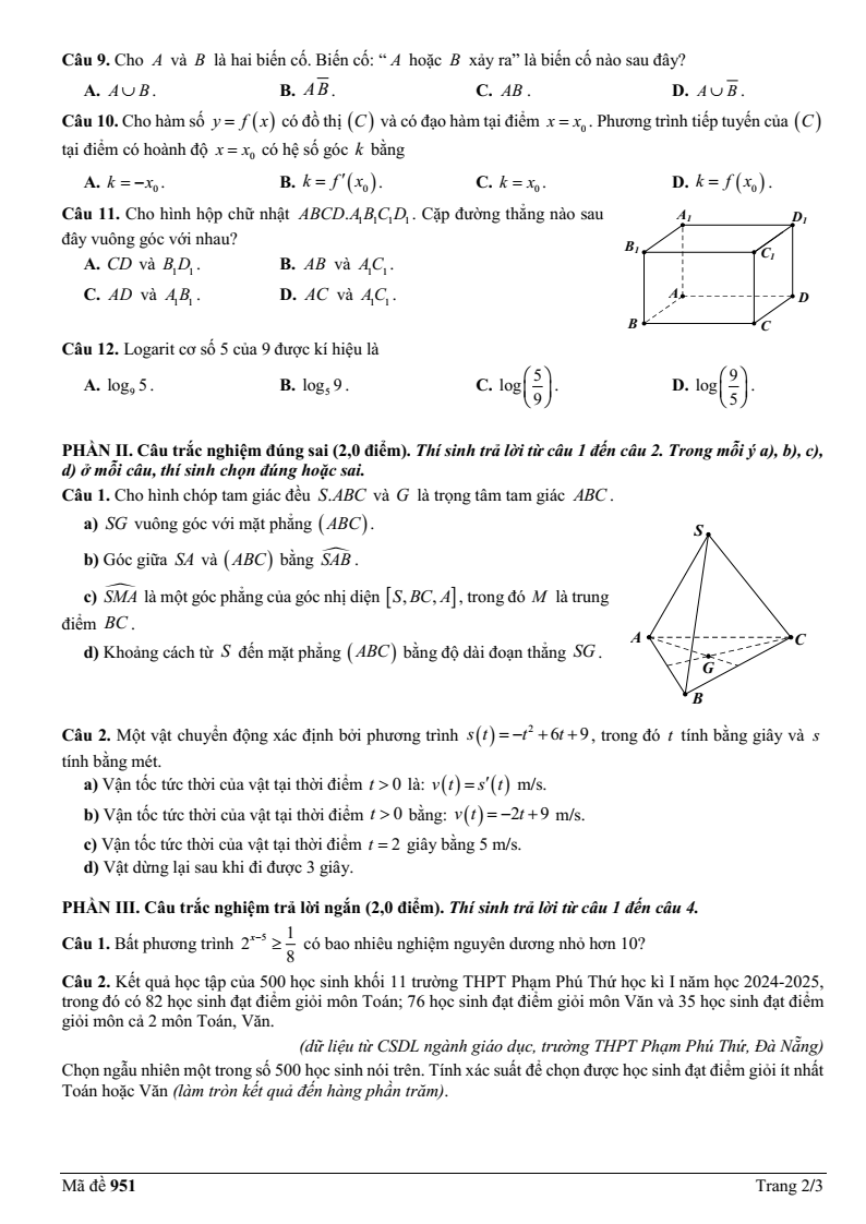 Đề thi Học kì 2 Toán 11 trường THPT Phạm Phú Thứ (Đà Nẵng) năm 2024-2025