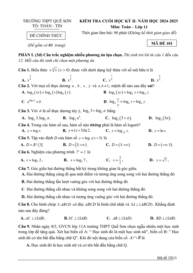 Đề thi Học kì 2 Toán 11 trường THPT Quế Sơn (Quảng Nam) năm 2024-2025