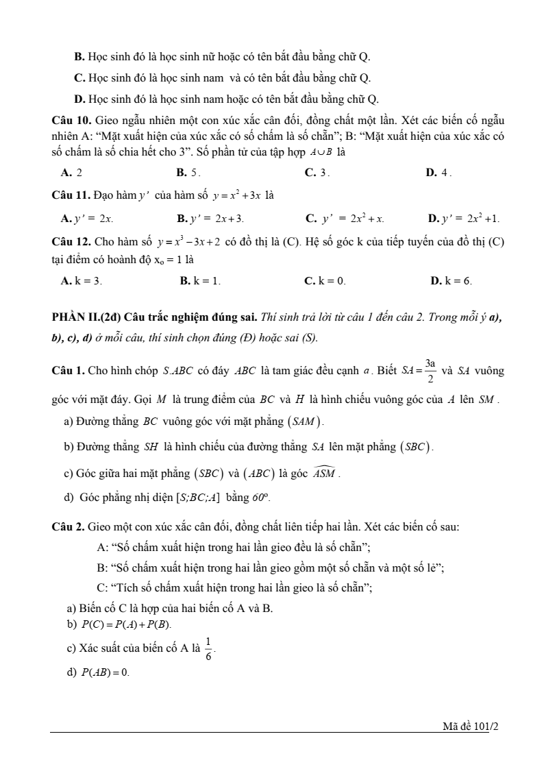Đề thi Học kì 2 Toán 11 trường THPT Quế Sơn (Quảng Nam) năm 2024-2025