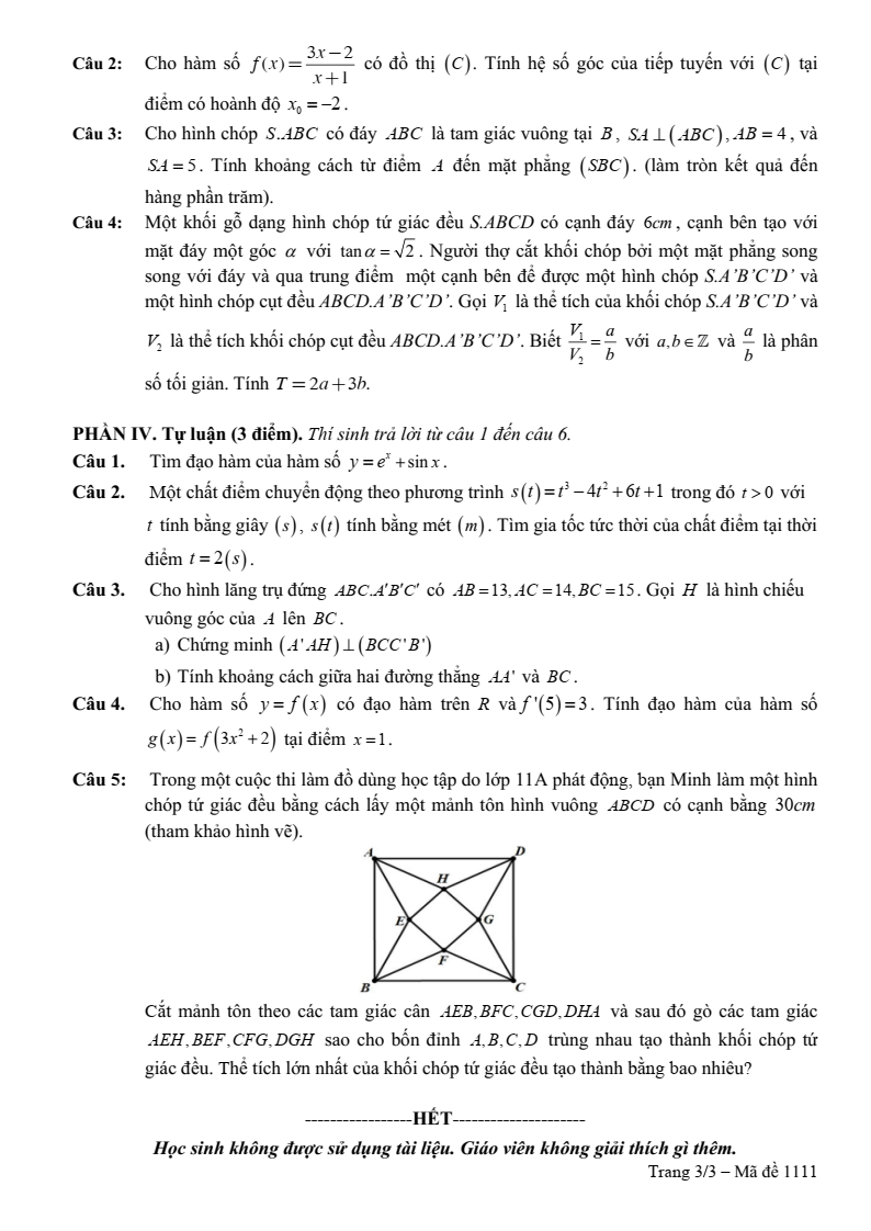 Đề thi Học kì 2 Toán 11 trường THPT Thị xã Quảng Trị năm 2024-2025