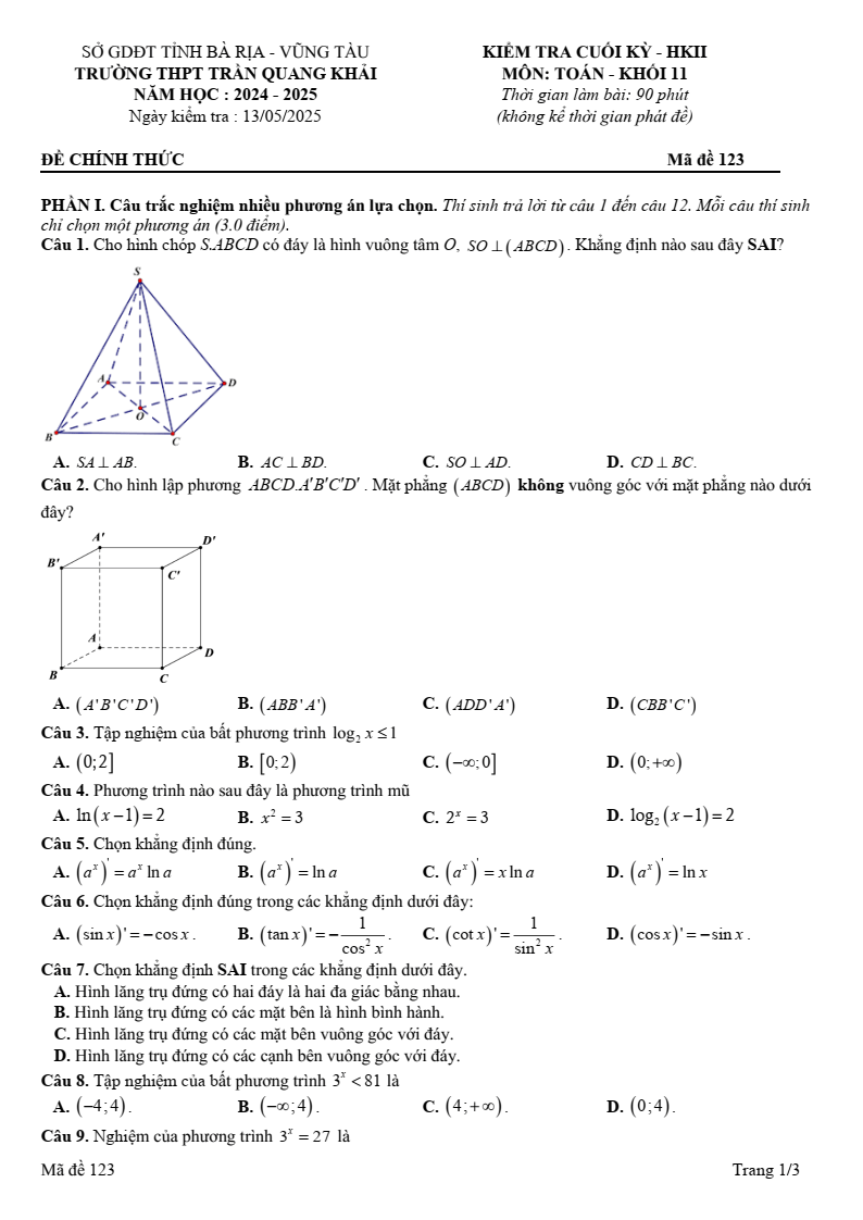 Đề thi Học kì 2 Toán 11 trường THPT Trần Quang Khải (Bà Rịa - Vũng Tàu) năm 2024-2025