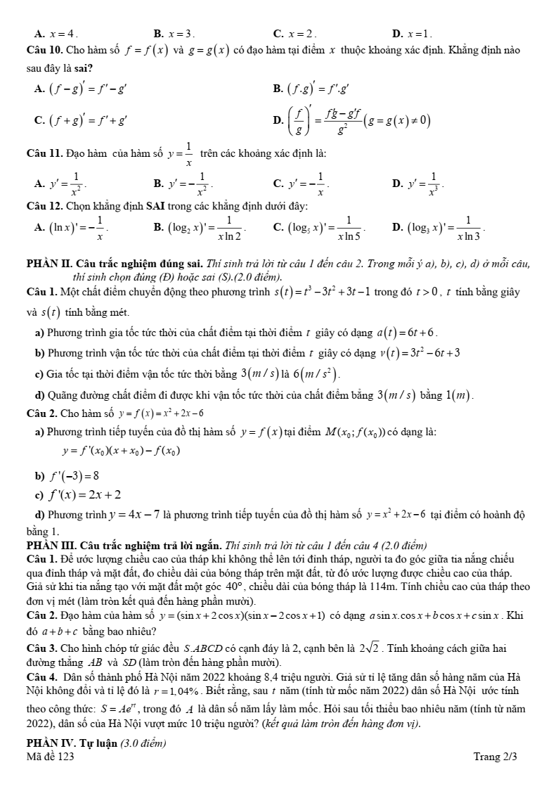 Đề thi Học kì 2 Toán 11 trường THPT Trần Quang Khải (Bà Rịa - Vũng Tàu) năm 2024-2025