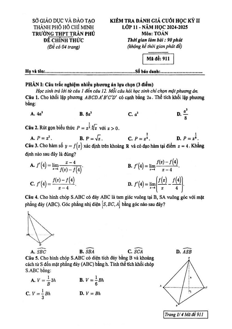 Đề thi Học kì 2 Toán 11 trường THPT Trần Phú (Tp.HCM) năm 2024-2025