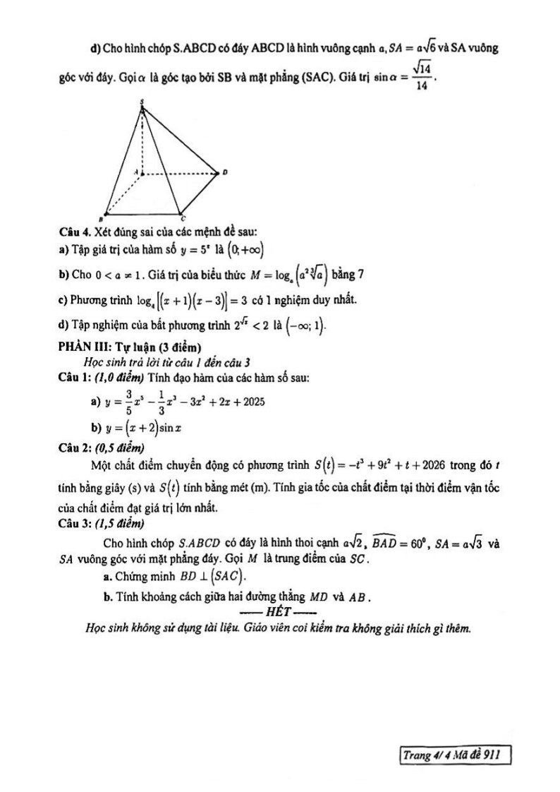 Đề thi Học kì 2 Toán 11 trường THPT Trần Phú (Tp.HCM) năm 2024-2025