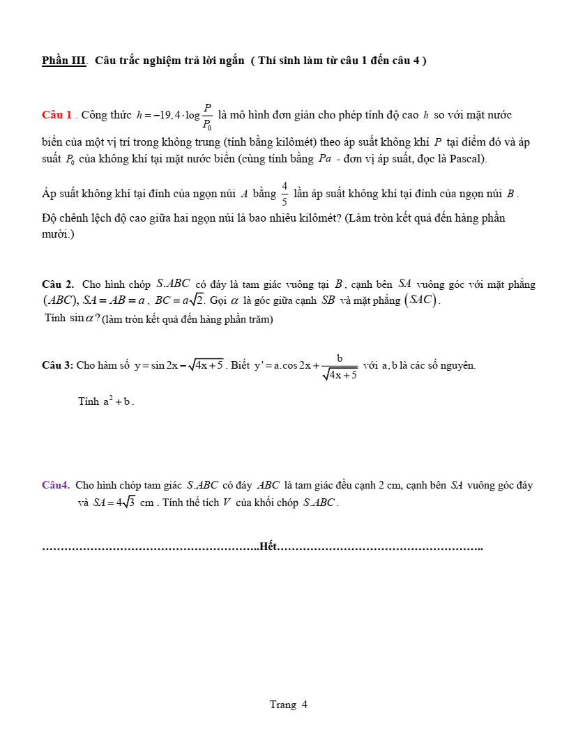 Đề thi Học kì 2 Toán 11 trường THPT Xuyên Mộc (Bà Rịa - Vũng Tàu) năm 2024-2025