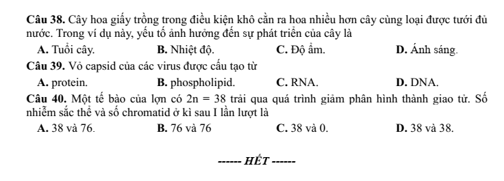 Đề khảo sát đầu năm Sinh học 11 năm 2023-2024 trường THPT Thuận Thành Số 1 (Bắc Ninh)
