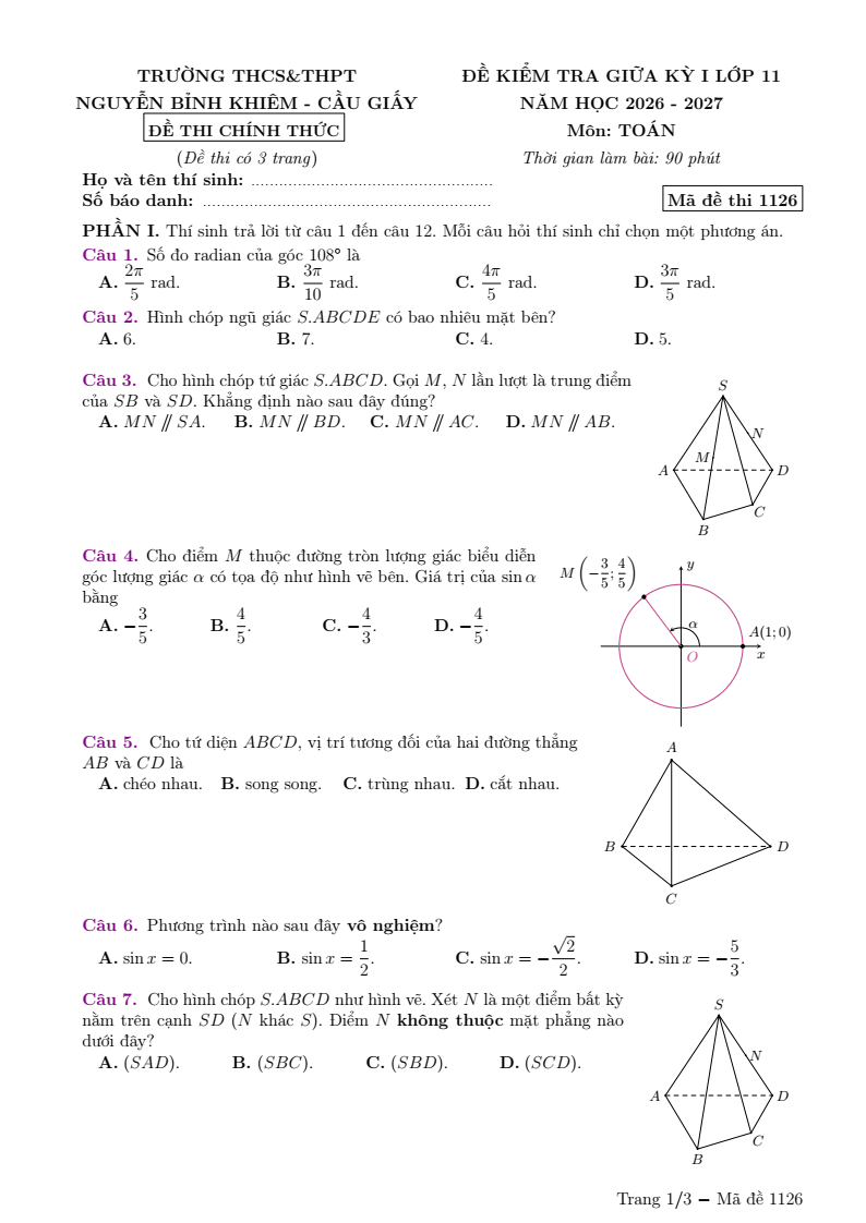 Đề thi Giữa kì 1 Toán 11 năm 2026-2027 trường THCS&THPT Nguyễn Bỉnh Khiêm (Hà Nội)