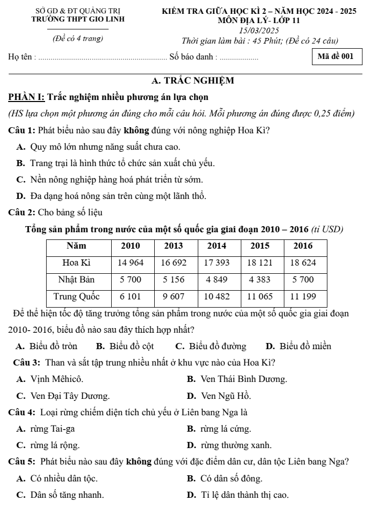 Đề thi Giữa kì 2 Địa Lí 11 năm 2024-2025 trường THPT Gio Linh (Quảng Trị)