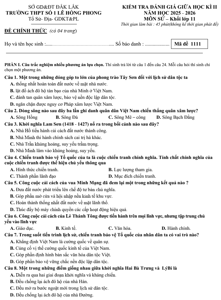 Đề thi Giữa kì 2 Lịch Sử 11 năm 2025-2026 trường THPT Số 1 Lê Hồng Phong (Đắk Lắk)