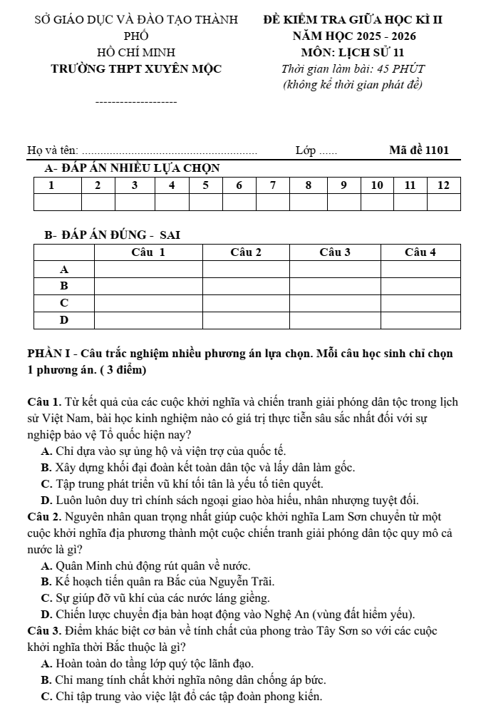 Đề thi Giữa kì 2 Lịch Sử 11 năm 2025-2026 trường THPT Xuyên Mộc (Tp.HCM)