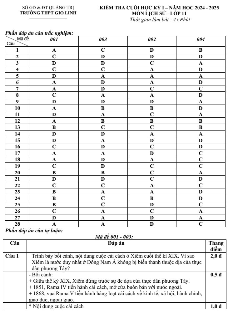 Đề thi Học kì 1 Lịch Sử 11 năm 2024-2025 trường THPT Gio Linh (Quảng Trị)