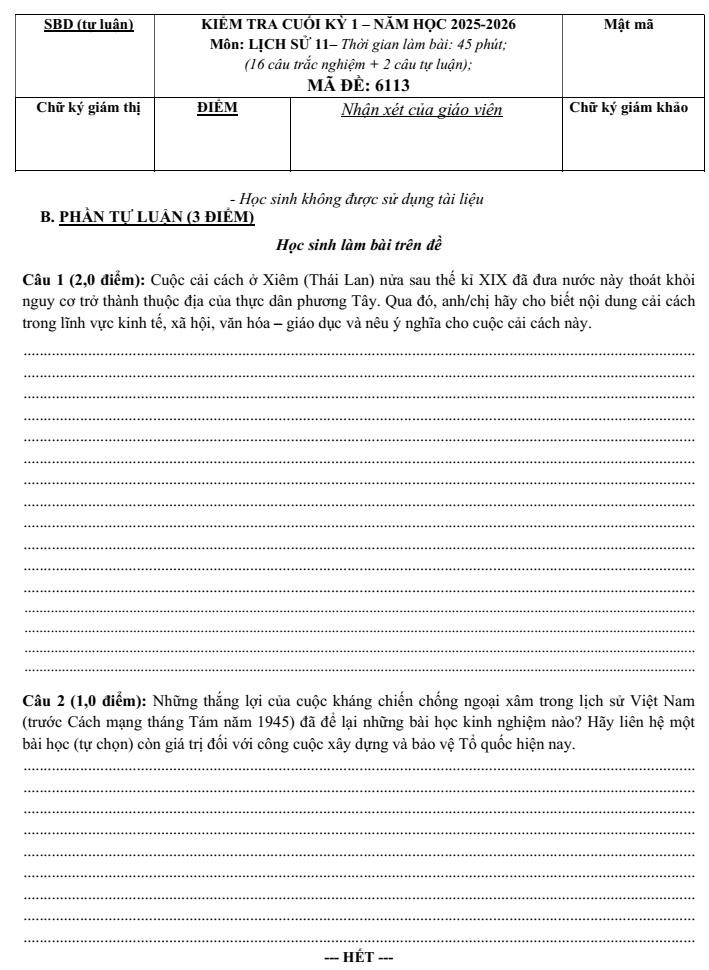 Đề thi Học kì 1 Lịch Sử 11 năm 2025-2026 trường THPT Lương Thế Vinh (Tp.HCM)