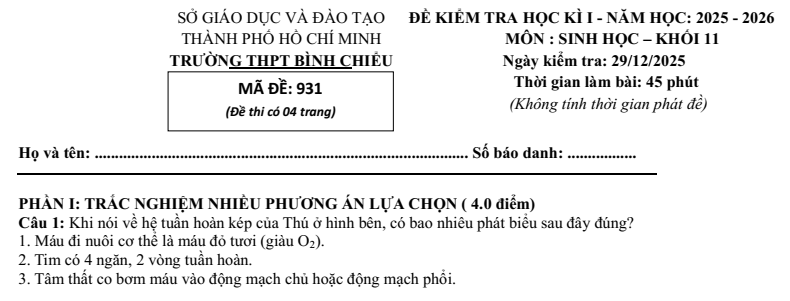 Đề thi Học kì 1 Sinh học 11 năm 2025-2026 trường THPT Bình Chiểu (TP HCM)