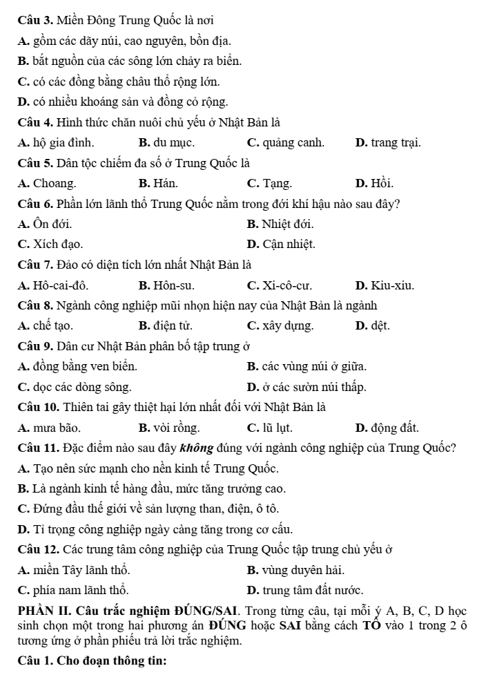 Đề thi Học kì 2 Địa Lí 11 năm 2025-2026 trường THPT Xuyên Mộc (Tp.HCM)