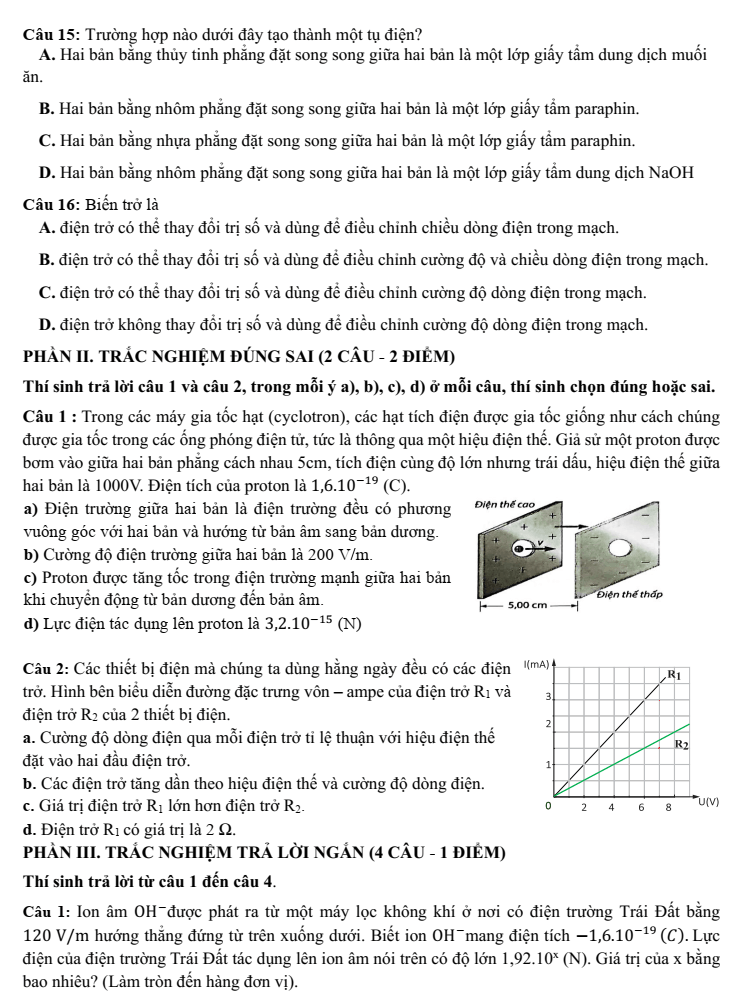 Đề thi Học kì 2 Vật lí 11 năm 2024-2025 trường THPT Gio Linh (Quảng Trị)