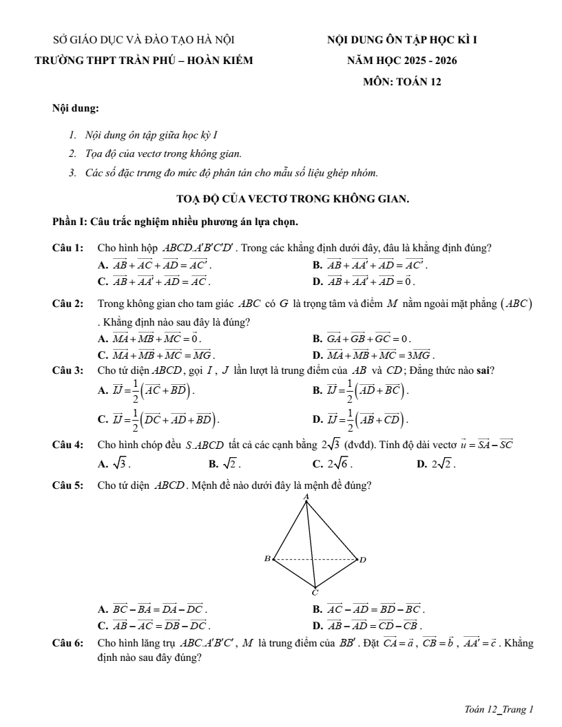 Đề cương ôn tập Học kì 1 Toán 12 trường THPT Trần Phú năm 2025-2026
