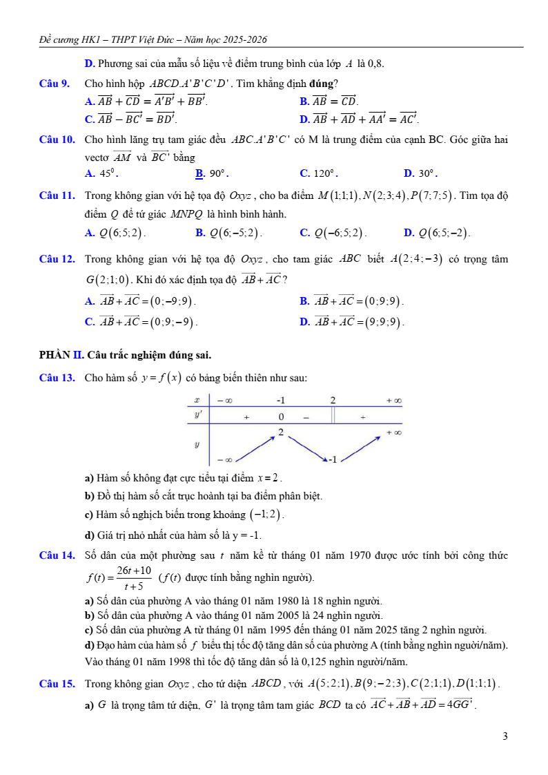 Đề cương ôn tập Học kì 1 Toán 12 trường THPT Việt Đức năm 2025-2026