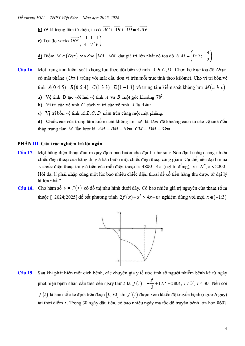 Đề cương ôn tập Học kì 1 Toán 12 trường THPT Việt Đức năm 2025-2026