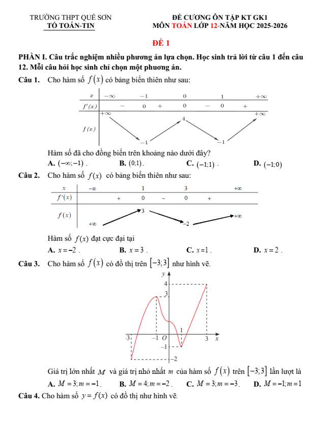 Đề cương ôn tập Giữa kì 1 Toán 12 trường THPT Quế Sơn năm 2025-2026