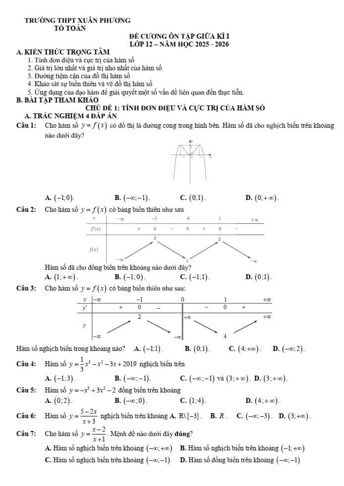 Đề cương ôn tập Giữa kì 1 Toán 12 trường THPT Xuân Phương năm 2025-2026