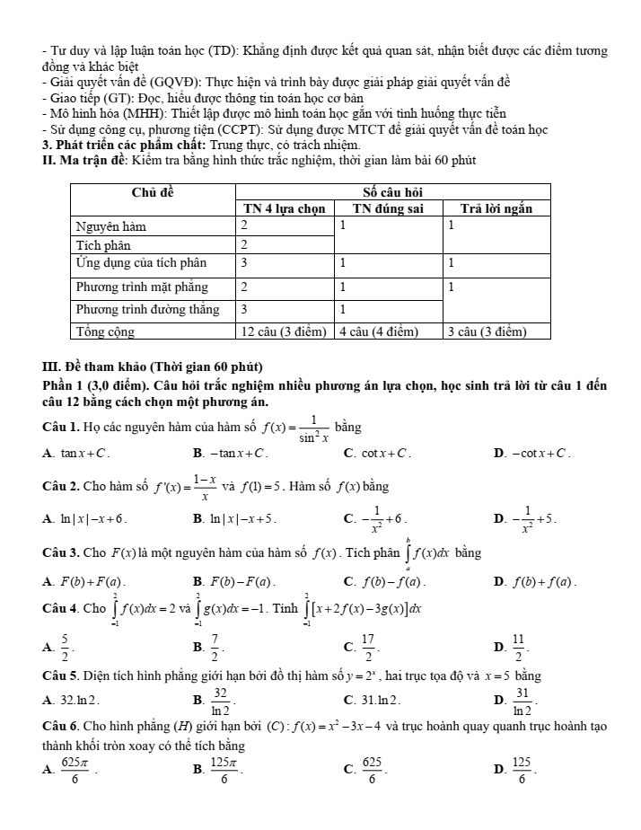 Đề cương ôn tập Giữa kì 2 Toán 12 trường THPT Nguyễn Việt Hồng năm 2024-2025