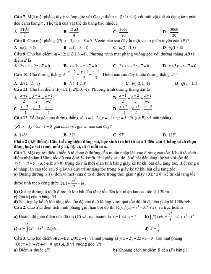 Đề cương ôn tập Giữa kì 2 Toán 12 trường THPT Nguyễn Việt Hồng năm 2024-2025