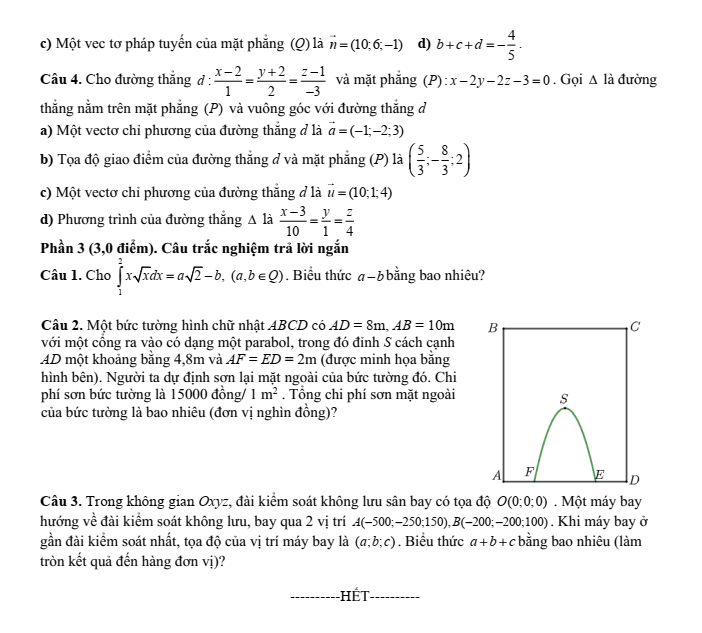 Đề cương ôn tập Giữa kì 2 Toán 12 trường THPT Nguyễn Việt Hồng năm 2024-2025
