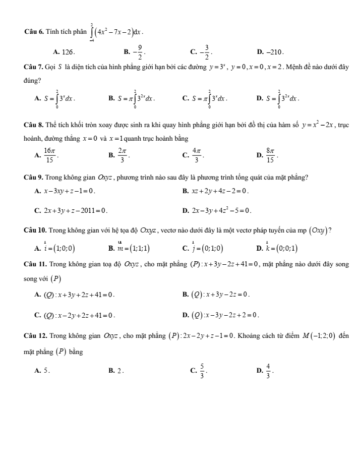Đề cương ôn tập Giữa kì 2 Toán 12 trường THPT Trần Quang Khải năm 2024-2025