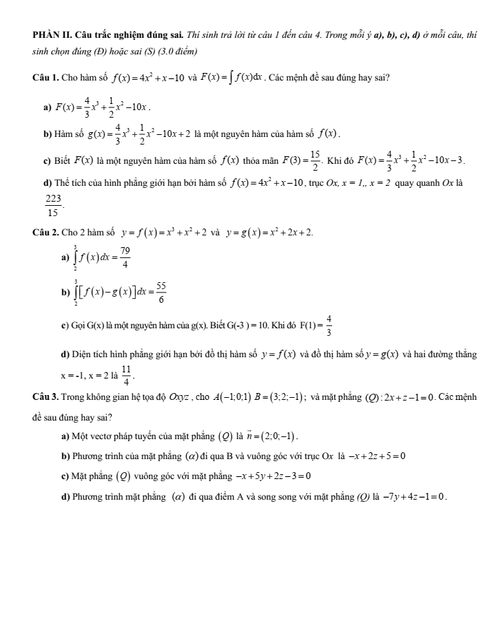 Đề cương ôn tập Giữa kì 2 Toán 12 trường THPT Trần Quang Khải năm 2024-2025
