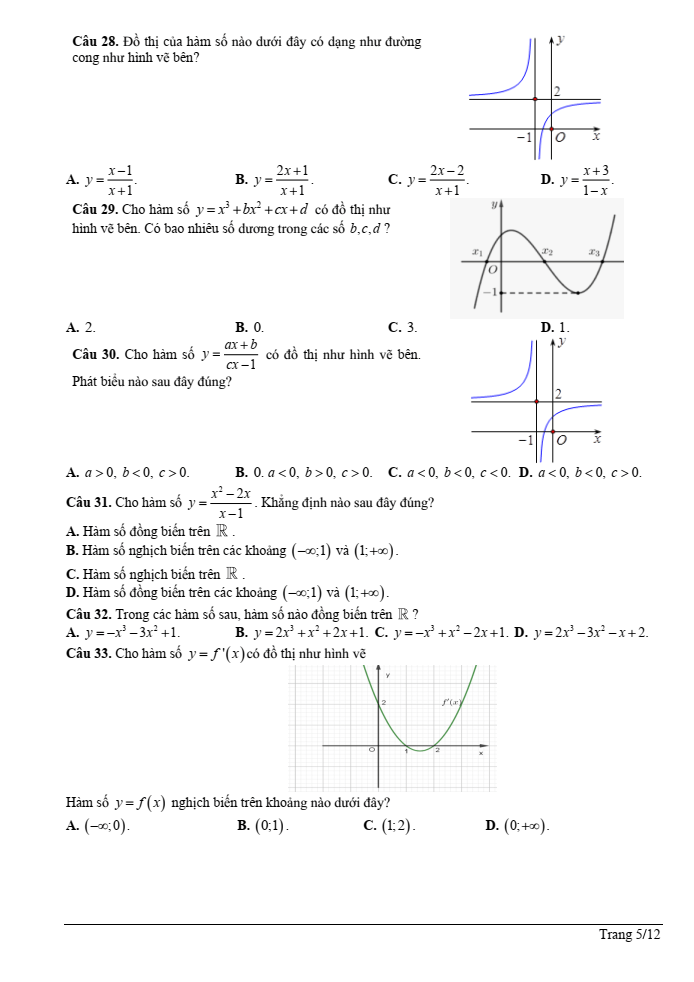 Đề cương ôn tập Học kì 1 Toán 12 trường THPT Trưng Vương năm 2024-2025