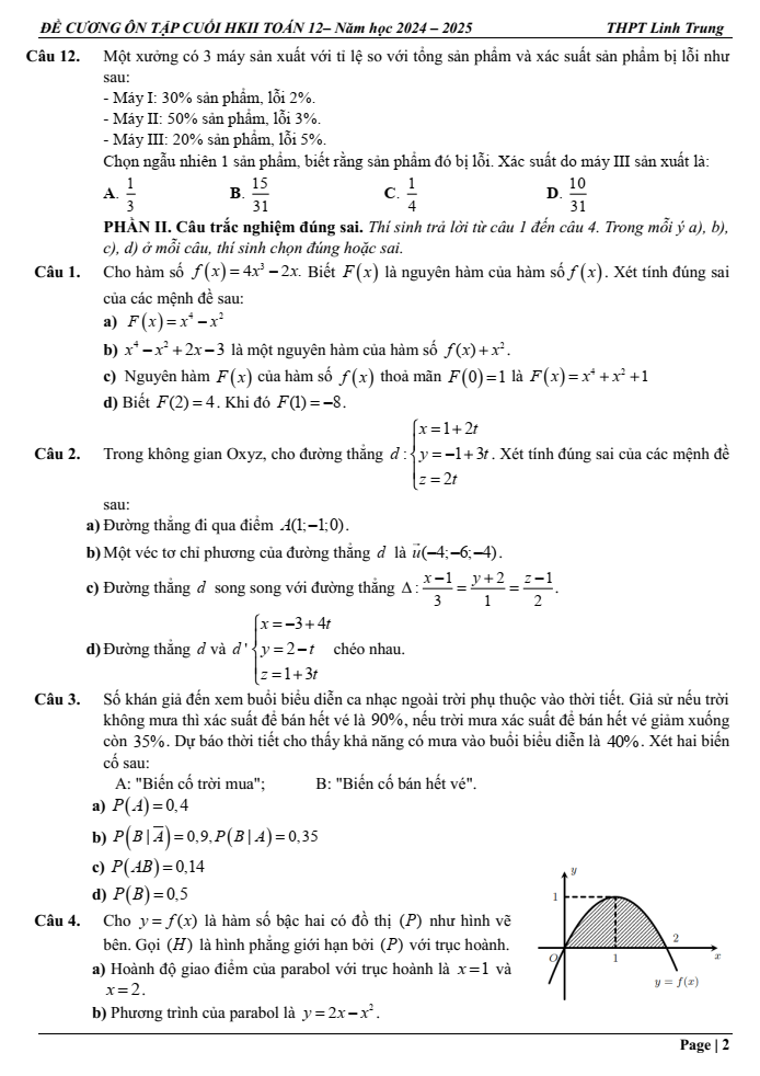 Đề cương ôn tập Học kì 2 Toán 12 trường THPT Linh Trung năm 2024-2025