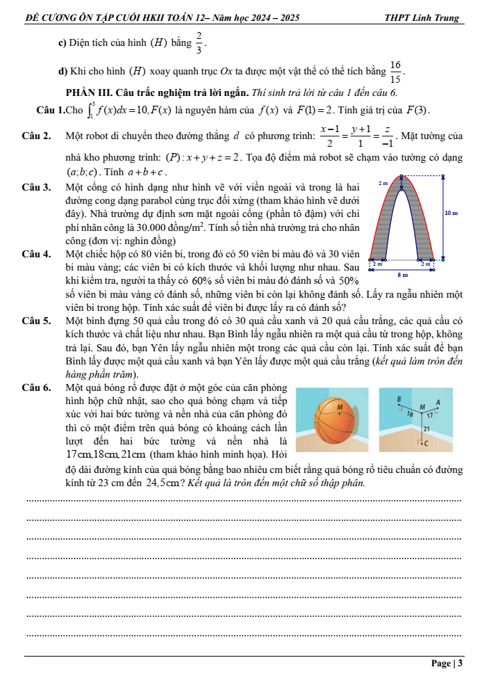 Đề cương ôn tập Học kì 2 Toán 12 trường THPT Linh Trung năm 2024-2025