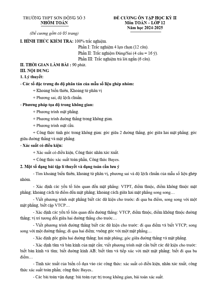 Đề cương ôn tập Học kì 2 Toán 12 trường THPT Sơn Động số 3 năm 2024-2025