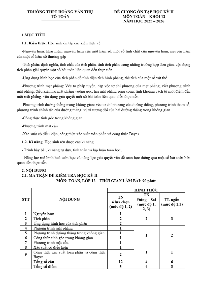 Đề cương ôn tập Học kì 2 Toán 12 trường THPT Hoàng Văn Thụ (Hà Nội) năm 2025-2026