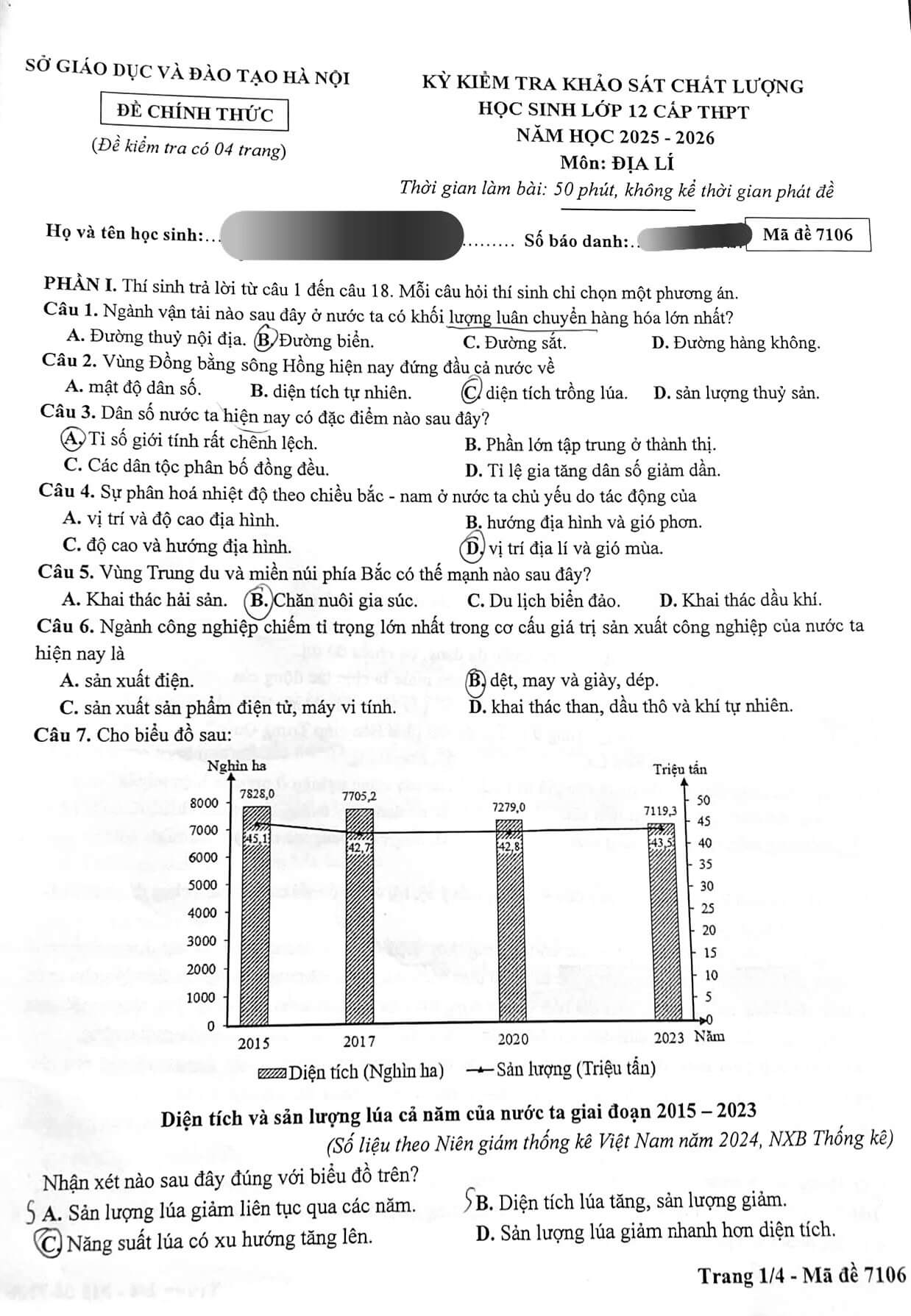 Đề khảo sát Địa lí 12 Hà Nội năm 2026