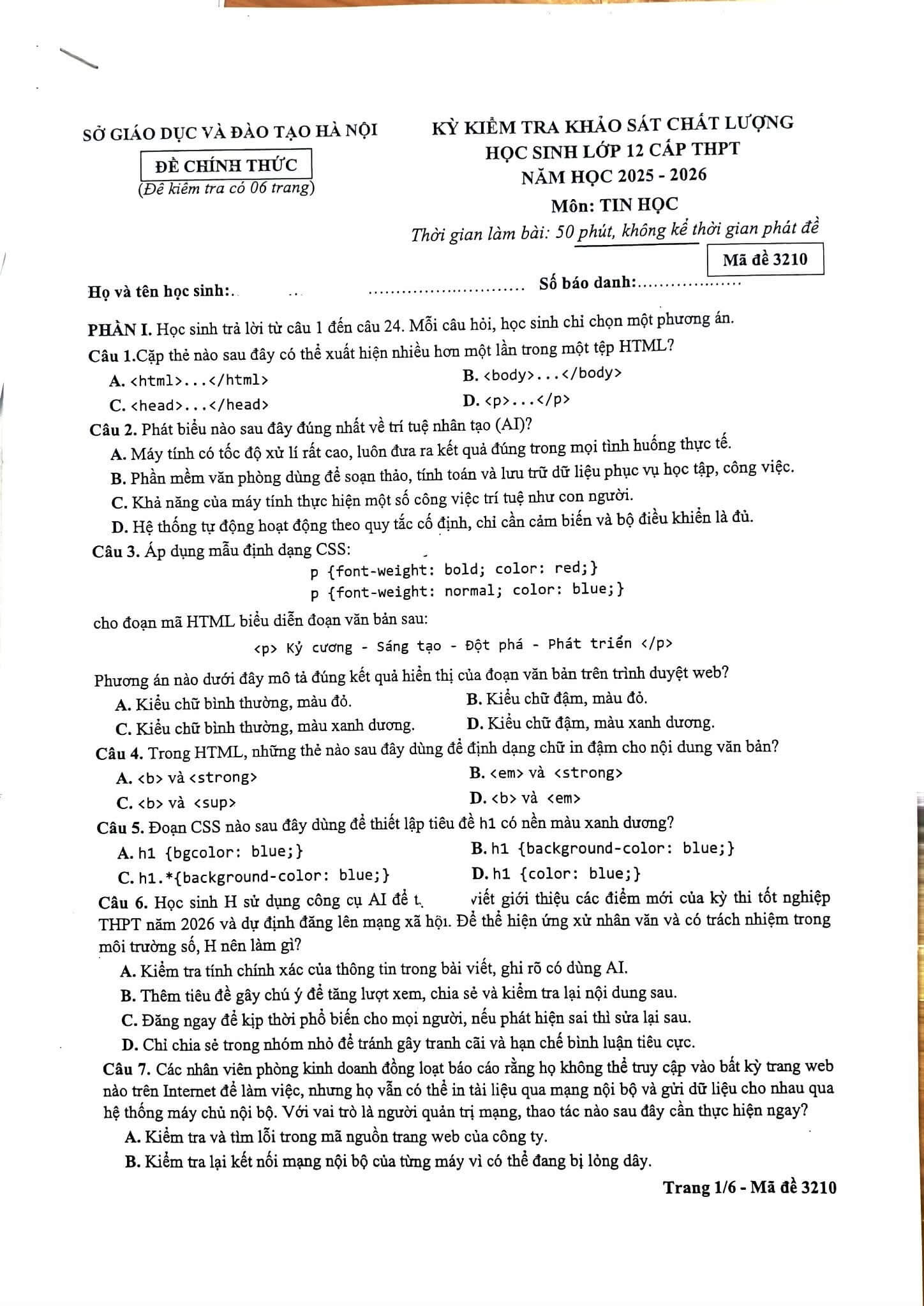 Đề khảo sát Tin học 12 Hà Nội năm 2026
