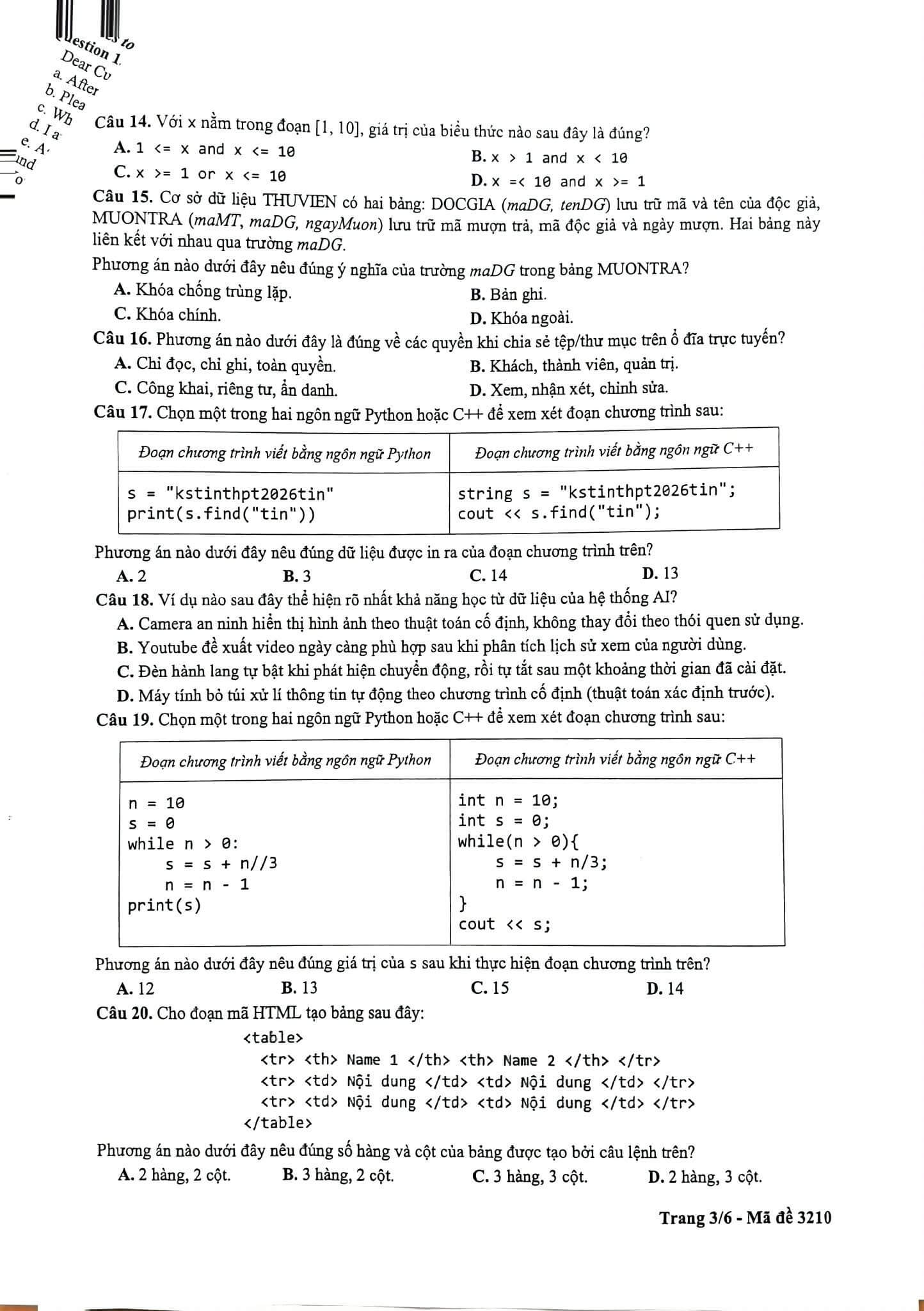 Đề khảo sát Tin học 12 Hà Nội năm 2026