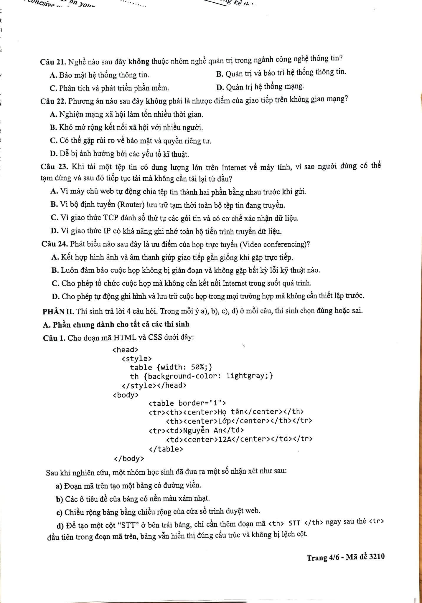 Đề khảo sát Tin học 12 Hà Nội năm 2026