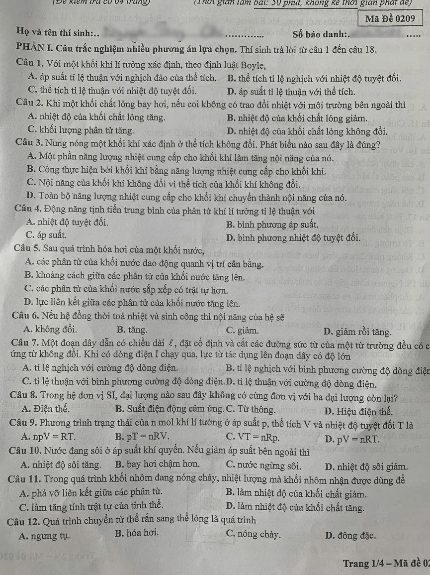 Đề khảo sát Vật lí 12 Hà Nội năm 2026