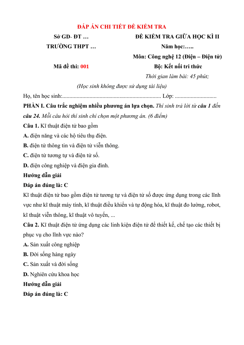 Đề thi Giữa kì 2 Công nghệ 12 Kết nối tri thức Điện Điện tử (có đáp án)