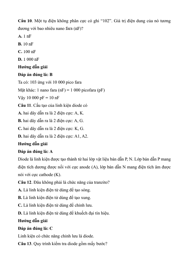 Đề thi Giữa kì 2 Công nghệ 12 Kết nối tri thức Điện Điện tử (có đáp án)
